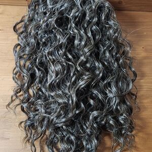 Brown Gray "Expresso" Curly Hairpiece Extension Add-on for Ponytail/Bun Clips